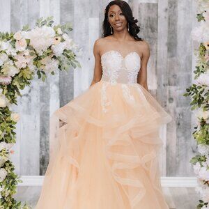 Blush Strapless Ruffled Tulle Ballgown with Beaded Lace & Horsehair Trim